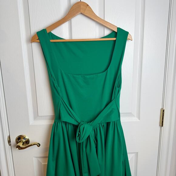 Emerald Green Sleeveless Fit & Flare Dress Tie Back Scoop Stretch Classy Pockets - Picture 4 of 10